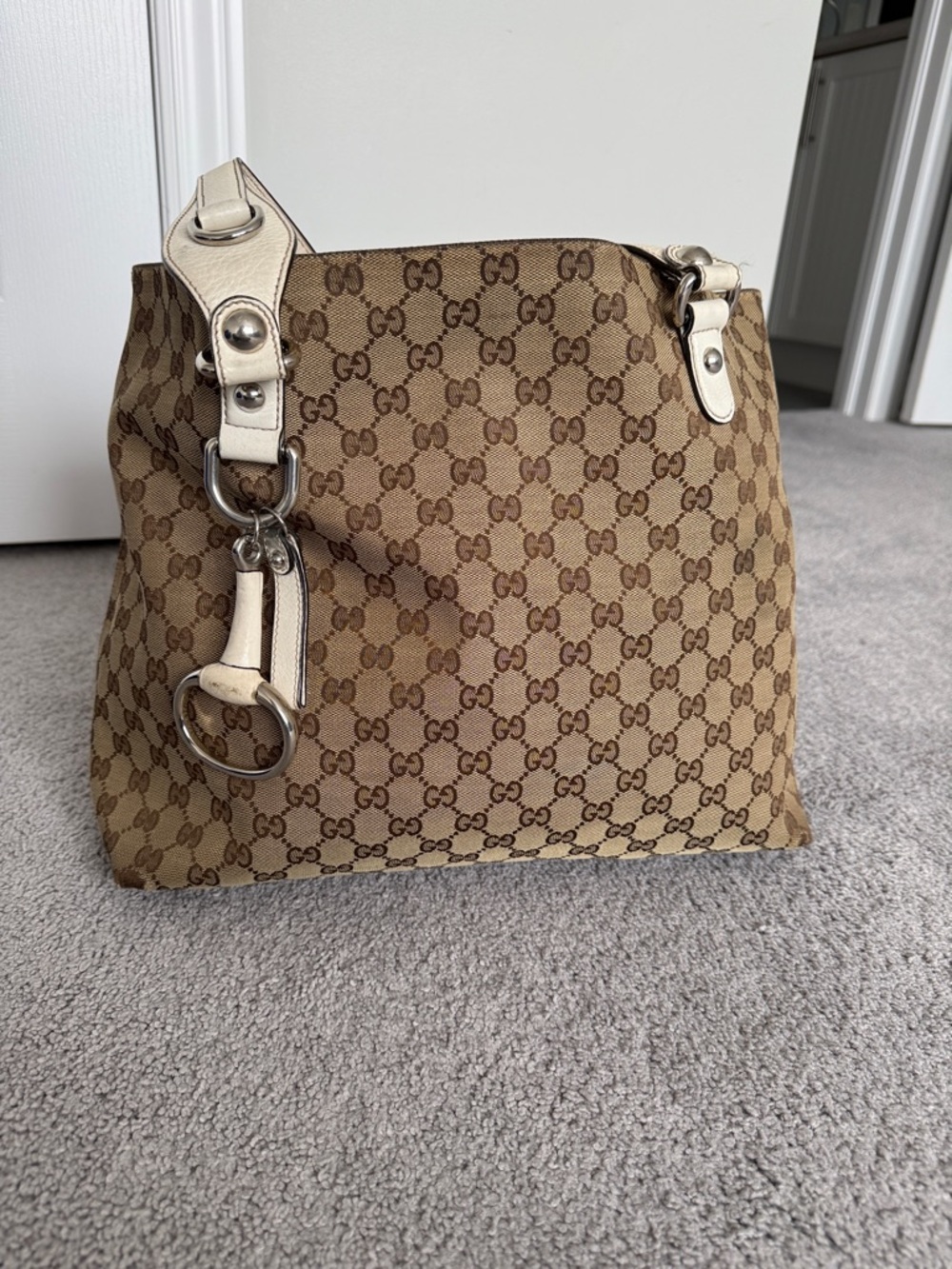 Gucci Brown GG Canvas Shoulder Bag with White Trim